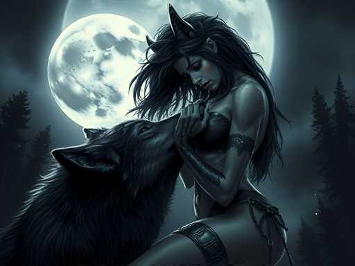 The image depicts a woman and a wolf locked in an intimate embrace against the backdrop of a full moon. The woman is wearing a black dress with a red belt cinched at her waist, while the wolf has its mouth open wide as if to kiss her on the forehead. The scene is set against a dark forest filled with trees and bushes, creating a sense of mystery and intrigue.