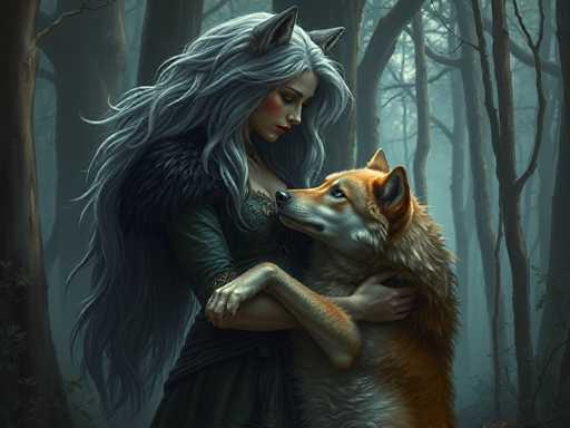A woman with long hair and a fur coat is holding an orange wolf on her left arm while standing in front of trees.
