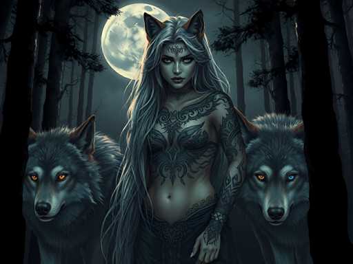The image depicts a woman with long hair and tattoos standing in front of three wolves. The wolf on the left is black, while the two other wolves on the right have blue eyes. The background features trees under a full moon, creating an eerie atmosphere.
