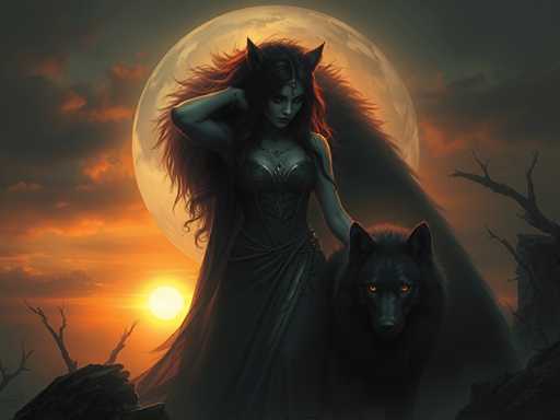 A woman with long brown hair and a black dress is standing next to a wolf on a rocky cliff face. The sky above them is orange and the moon is visible in the background.