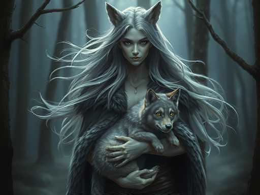 A woman with long blonde hair and a fur coat is holding a small gray wolf on her lap in the center of an illustration depicting a dark forest setting.