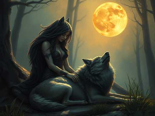 A woman with long dark hair is sitting on a rock next to a gray wolf. The wolf has its head tilted upwards and appears to be looking up at the sky.