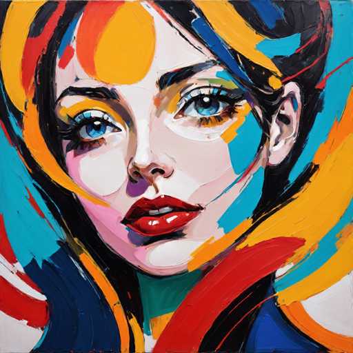 The image depicts an abstract painting featuring a woman's face as the central focus. The woman has striking blue eyes and vibrant red lips that contrast with her black hair. The background is a riot of colors, including yellow, orange, green, and pink hues, creating a sense of depth and dimension to the piece. The style of the painting can be described as abstract expressionism, characterized by its emphasis on spontaneous, emotional, and intuitive creation over realistic representation.
The artist's use of bold colors and loose brushstrokes adds a sense of energy and movement to the artwork.