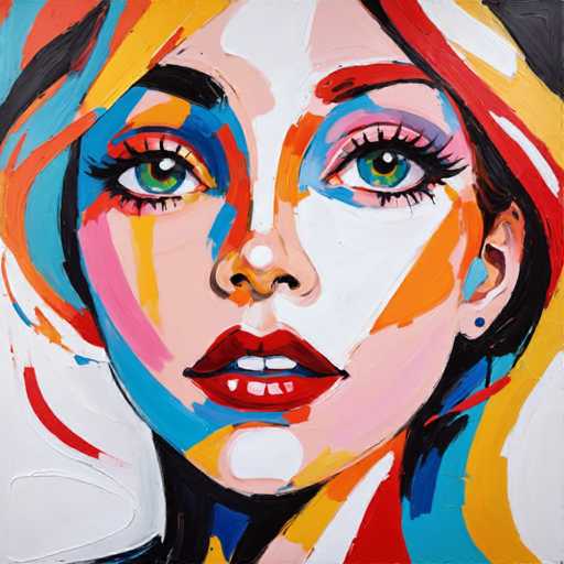 The image depicts an abstract painting featuring a woman's face with vibrant colors and bold lines. The woman has striking red lips and eyes that contrast with her pink cheeks. Her hair is styled in loose waves, adding to the overall bohemian aesthetic of the piece. The background is white, providing a clean canvas for the colorful depiction of the woman's features.