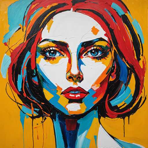 The image depicts an abstract portrait of a woman with red hair and blue eyes. The painting is done in a cubist style, characterized by geometric shapes and bold colors. The background features a gradient of yellow and black lines that create a sense of depth and dimensionality to the piece.