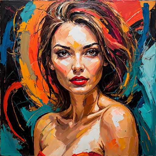 The image is an oil painting that depicts a woman with long brown hair and red lipstick. The background features a vibrant mix of orange, blue, and green colors, creating a sense of depth and complexity in the artwork. The style of the painting can be described as impressionistic, characterized by loose brushstrokes and an emphasis on capturing the overall mood or atmosphere rather than focusing on minute details.
The artist's signature is not visible in this particular image.