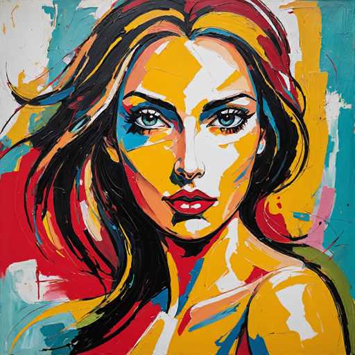 The image depicts an abstract portrait of a woman with long hair and blue eyes. The painting is done in a realistic style, capturing the intricate details of the subject's face and features. The colors used are predominantly red, yellow, green, and blue, creating a vibrant and lively atmosphere.