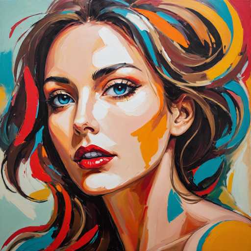 The image depicts an oil painting of a woman with long brown hair and blue eyes. The artist has used bold colors for the background, creating a vibrant and lively atmosphere. The woman is positioned in front of a colorful abstract pattern that adds depth to the composition.