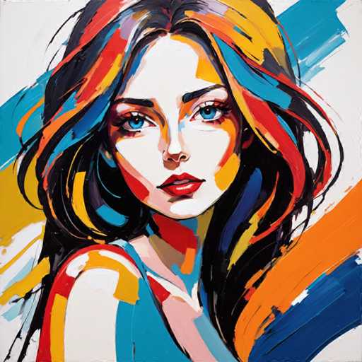 The image depicts an abstract portrait of a woman with long hair and blue eyes. The painting is done in a realistic style, capturing the subject's features and expression accurately. The colors used are vibrant, with red, yellow, green, and blue being prominent. The background consists of horizontal lines that add depth to the composition.