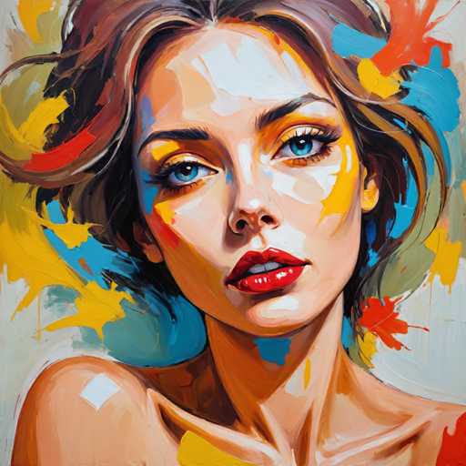 The image depicts an abstract painting featuring a woman with brown hair and blue eyes wearing red lipstick. The background is a vibrant mix of yellow, orange, and green colors, creating a sense of movement and energy in the composition.