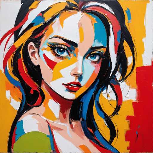 The image depicts an abstract painting featuring a woman with long hair and striking blue eyes. The painting is done in a realistic style, capturing the intricate details of the subject's face and features. The colors used are predominantly red, yellow, green, and black, creating a vibrant and dynamic composition that draws the viewer's attention to the central figure.