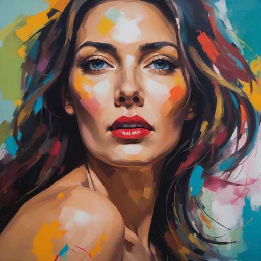The image depicts an abstract painting featuring a woman with long brown hair and striking red lipstick against a vibrant background of blue, green, yellow, pink, orange, and white colors. The artist's style is characterized by bold brushstrokes and the use of bright, contrasting colors to create a sense of movement and energy in the piece.