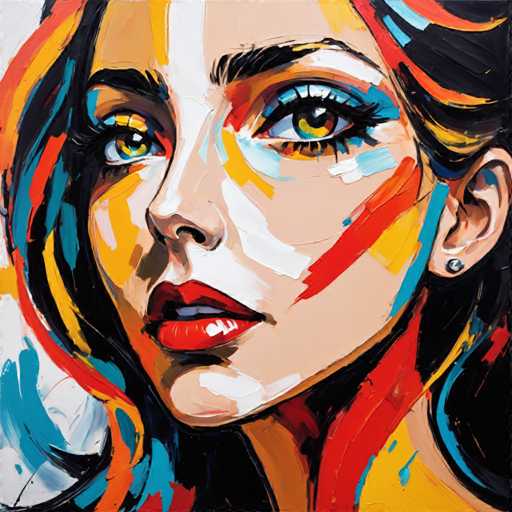 The image depicts an abstract portrait of a woman with striking red lips and vibrant green eyes. The painting is done in a modern style, characterized by bold colors and dynamic brushstrokes that create a sense of movement and energy. The artist's use of color and form adds a unique visual appeal to the piece, making it stand out as a work of art.