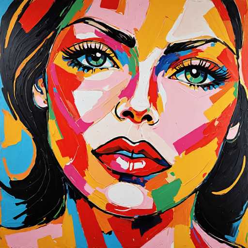 The image depicts an abstract portrait of a woman's face rendered in bold colors and lines. The painting is characterized by its vibrant use of color, with the woman's features prominently featured against a backdrop of red, yellow, blue, green, and pink hues. The style of the artwork can be described as modern and contemporary, with a focus on abstract expressionism that emphasizes the emotional impact of the piece rather than realistic representation.