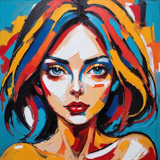 The image depicts an abstract portrait of a woman with vibrant colors and bold lines. The painting is done in a realistic style, capturing the intricate details of the subject's face and features. The use of bright colors adds a sense of energy and dynamism to the artwork.
