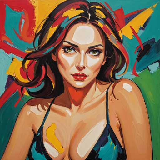 The image depicts an abstract painting featuring a woman with long hair and striking red lips wearing a black bikini top against a vibrant background of blue, yellow, and red colors. The style is modern and bold, with the use of bright colors to create a sense of energy and movement in the piece.