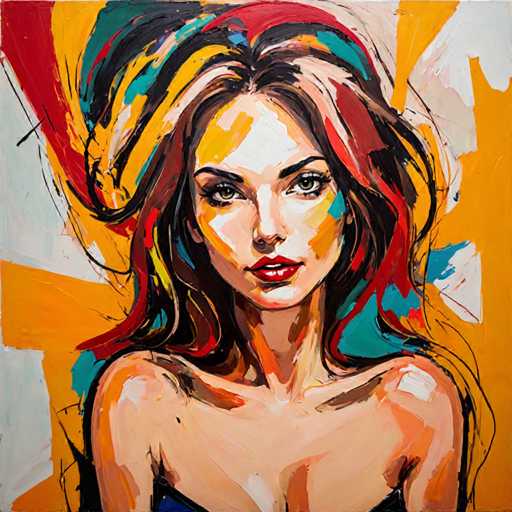 The image depicts an abstract painting featuring a woman with long hair and red lips against a vibrant yellow background. The style of the artwork is impressionistic, characterized by loose brushstrokes that emphasize the overall mood or feeling rather than focusing on minute details.