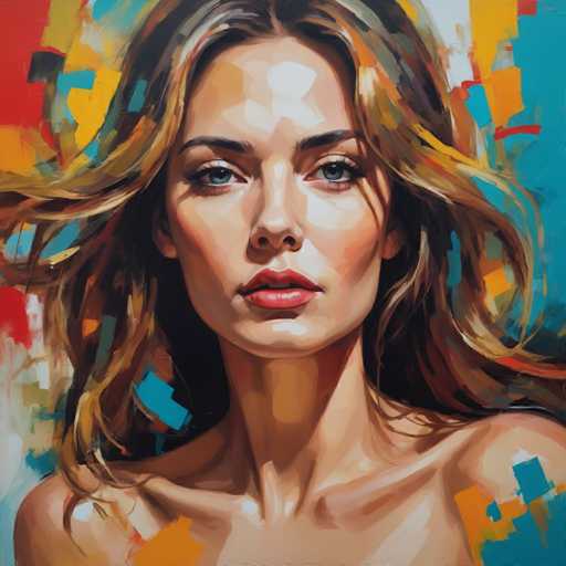 The image depicts an oil painting of a woman with long blonde hair and red lips. The artist has used a loose, impressionistic style that emphasizes the overall mood rather than focusing on minute details. The colors used are predominantly blue, green, yellow, and orange, creating a vibrant and energetic atmosphere.