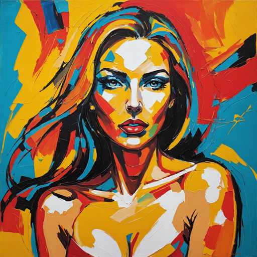 The image depicts an abstract painting featuring a woman with long blonde hair and blue eyes. The painting is done in a realistic style, capturing the intricate details of the subject's face and features. The colors used are predominantly red, yellow, and blue, creating a vibrant and energetic atmosphere.