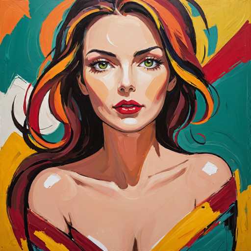 The image depicts an abstract painting featuring a woman with long hair and striking red lips against a vibrant background of green, yellow, orange, and white colors. The style is realistic, capturing the intricate details of the subject's face and body.