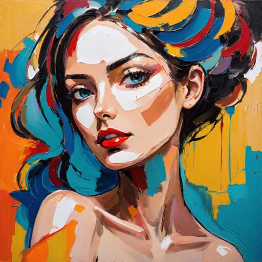 The image depicts an abstract portrait of a woman with blue eyes and long dark hair. The painting is done in a realistic style, capturing the intricate details of the subject's face and features. The colors used are predominantly blue, yellow, and red, creating a vibrant and dynamic composition that draws attention to the woman as the central figure.