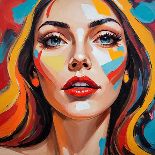 The image depicts an oil painting of a woman's face with vibrant colors and bold brushstrokes. The woman is the central figure, her face filled with intensity as she gazes directly into the viewer. Her hair, styled in loose waves, adds to the overall sense of movement and dynamism in the piece. The background features a riot of colors, including reds, blues, yellows, greens, and oranges, creating a lively and energetic atmosphere that complements the woman's face.