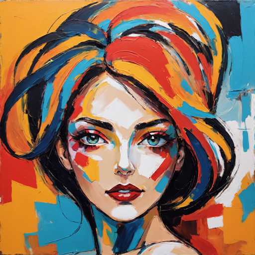 The image depicts an abstract painting featuring a woman with vibrant hair colors and striking features. The painting is done in a realistic style, capturing the intricate details of the subject's face and hair. The use of bold colors and brushstrokes adds to the overall visual impact of the piece.