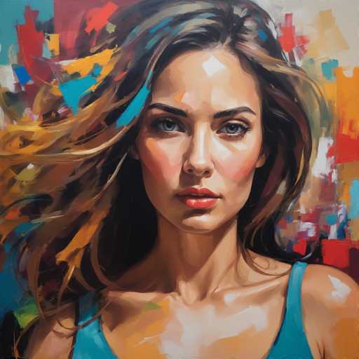 The image depicts an oil painting of a woman with long brown hair and striking red lips. The artist has used a loose, impressionistic style that emphasizes the overall mood rather than focusing on minute details. The colors used are predominantly warm tones, creating a sense of warmth and intimacy in the portrait.