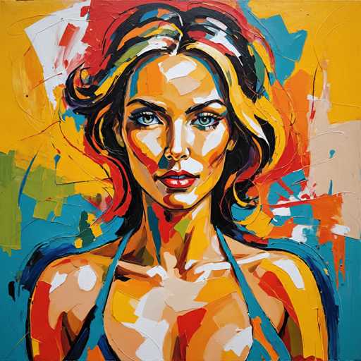 The image depicts an abstract portrait of a woman with blonde hair and blue eyes. The painting is done in a realistic style, capturing the intricate details of the subject's face and features. The background is a vibrant mix of yellow, green, red, and white colors, creating a visually striking contrast against the woman's figure.