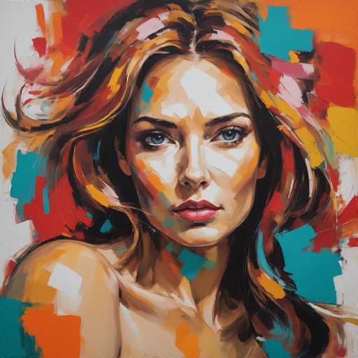 The image is an abstract painting featuring a woman's face as the central focus. The artist has used a variety of colors and shapes to create a vibrant and dynamic composition. The woman's face is prominently displayed in the center of the canvas, with her hair styled in loose waves that add movement to the piece. The background is a riot of colors, including shades of red, blue, green, yellow, and orange, which contribute to the overall energy and excitement of the painting.