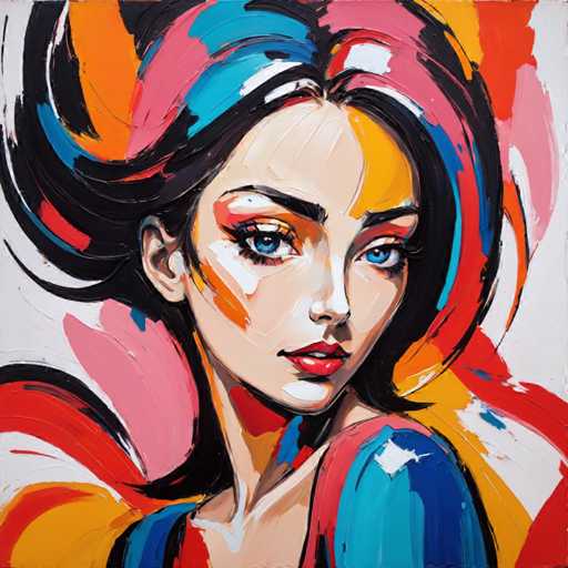 The image depicts an abstract painting featuring a woman with blue eyes and black hair wearing a blue dress against a white background. The colors used are predominantly red, orange, yellow, green, pink, and blue, creating a vibrant and energetic composition.