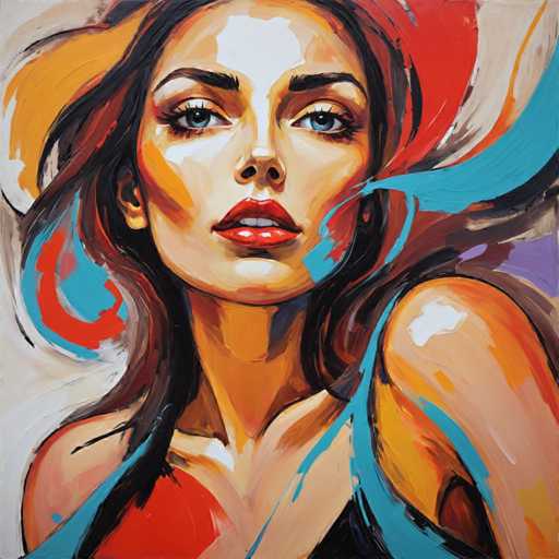 The image depicts an abstract painting featuring a woman with long brown hair and striking blue eyes. The woman is wearing a black top and has her arms outstretched, creating a sense of movement in the composition. The colors used are predominantly red, orange, yellow, and blue, which contribute to the overall vibrancy and energy of the piece.