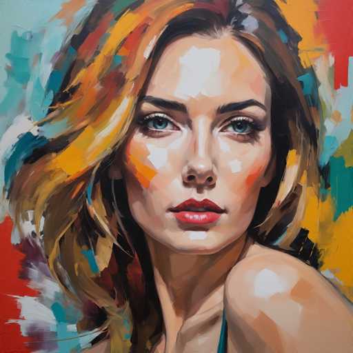 The image depicts an oil painting of a woman with long blonde hair and striking red lips. The artist has used a loose, impressionistic style characterized by bold colors and visible brushstrokes.