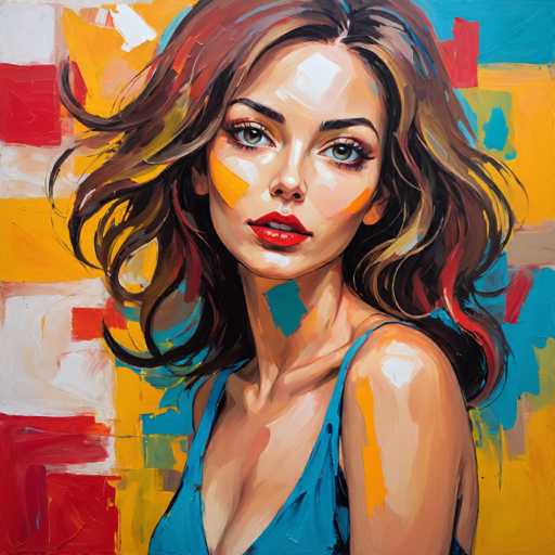 The image depicts an oil painting of a woman with long brown hair and striking red lipstick. The artist has used bold colors for the background, creating a vibrant and energetic atmosphere. The woman is positioned in front of a colorful abstract pattern that adds depth to the composition.