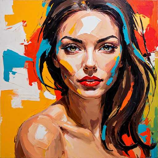 The image depicts an abstract painting featuring a woman with long brown hair and striking red lips against a vibrant yellow background. The style of the artwork is impressionistic, characterized by loose brushstrokes that emphasize the overall mood or feeling rather than focusing on minute details.