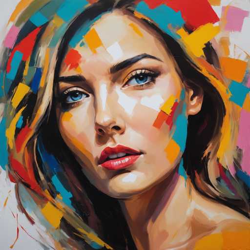 The image depicts an abstract portrait of a woman with long blonde hair and striking blue eyes. The painting is done in a loose, impressionistic style that focuses on the interplay of colors rather than realistic details. The background features a vibrant mix of red, yellow, green, and blue hues, creating a sense of depth and complexity.