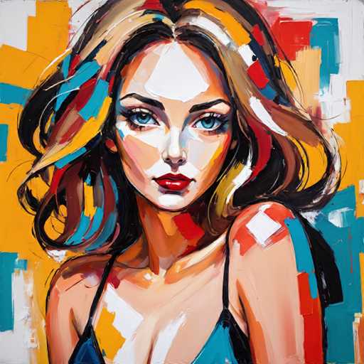 The image depicts an abstract painting featuring a woman with long blonde hair and striking blue eyes. The woman is wearing a black top and the background is a vibrant mix of yellow, red, green, and blue colors. The style of the painting can be described as impressionistic, characterized by loose brushstrokes that create a sense of movement and energy in the scene.