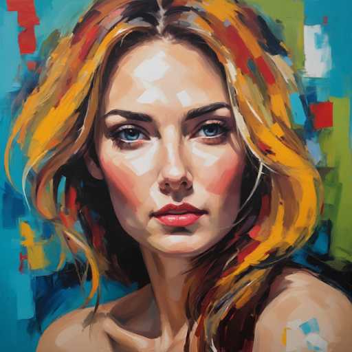 The image is an oil painting that depicts a woman with blonde hair and blue eyes looking directly at the viewer. The background features a vibrant mix of colors including red, green, yellow, and blue squares arranged in a grid-like pattern.
