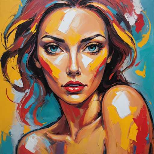 The image depicts an abstract portrait of a woman with long brown hair and striking blue eyes. The painting is done in a loose, impressionistic style using bold colors such as red, yellow, green, and blue to create a vibrant and energetic scene.