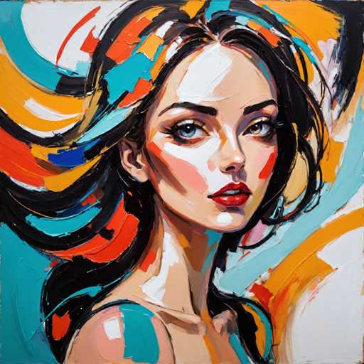 The image depicts an abstract painting featuring a woman with long hair and striking blue eyes. The background is a vibrant mix of orange and yellow swirls, creating a sense of movement and energy. The artist's style can be described as impressionistic, characterized by loose brushstrokes that emphasize the overall mood rather than minute details.