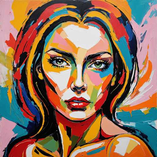 The image depicts an abstract portrait of a woman with long blonde hair and striking green eyes. The painting is done in a loose, colorful style that uses bold brushstrokes and bright colors to create a vibrant and dynamic scene.