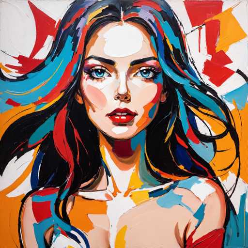 The image depicts an abstract portrait of a woman with blue eyes and long dark hair. The painting is done in a realistic style, capturing the intricate details of the subject's face and features. The colors used are predominantly red, orange, yellow, green, and blue, creating a vibrant and lively atmosphere.
