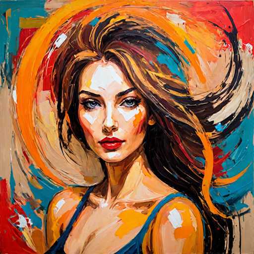 The image depicts an abstract painting featuring a woman with long brown hair and striking red lips against a vibrant background of orange and blue hues. The style is reminiscent of impressionism, characterized by loose brushstrokes and an emphasis on capturing the fleeting effects of light and color over a longer period.