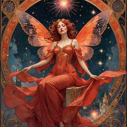 The image depicts an orange fairy with long red hair and wings, seated on a throne-like structure. The fairy is wearing a vibrant red dress adorned with gold accents and has her arms outstretched as if she's about to take flight or reach for something in the distance. The background features a dark blue sky filled with stars and a castle-like structure, suggesting an enchanting setting. The image is rendered in a realistic style, capturing the intricate details of the fairy's dress and wings.