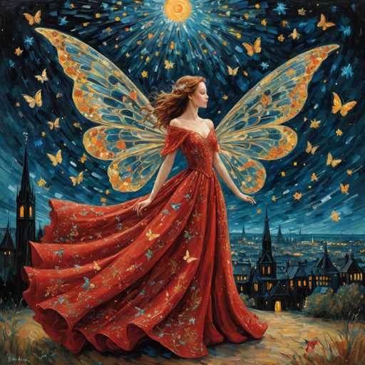 The image depicts a woman with long red hair and a flowing dress standing on a dirt road surrounded by tall buildings under a starry night sky. The painting is done in an impressionistic style, characterized by loose brushstrokes that capture the essence of the scene rather than focusing on minute details.