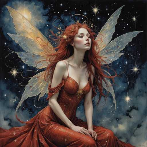 The image depicts a woman with red hair and an orange dress sitting on the ground under a starry night sky. The woman is wearing a crown of gold flowers on her head, adding to the magical atmosphere of the scene.