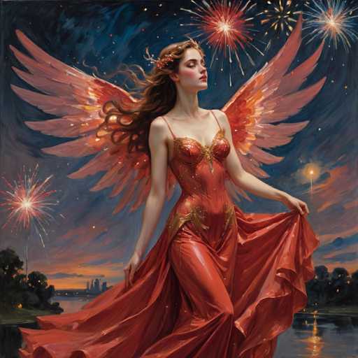 The image depicts a woman with long red hair and wings, wearing an orange dress adorned with gold accents. She is standing on the shore of a body of water, with her arms outstretched as if she's about to take flight or dance in the wind. The background features a sky filled with fireworks, suggesting that this scene takes place during a celebration or special event.