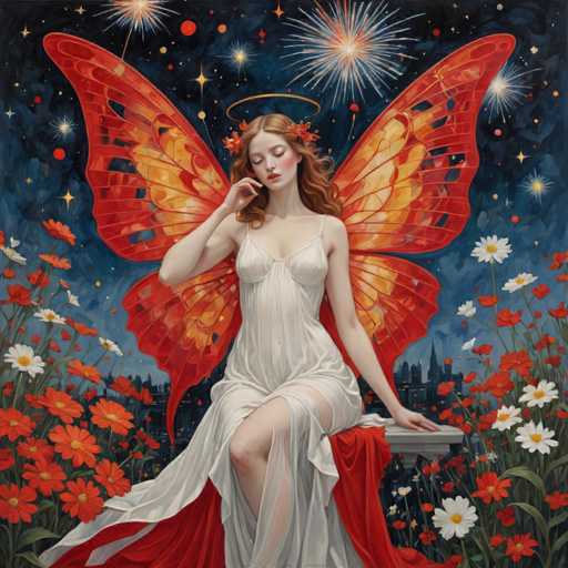 The image depicts a woman with long red hair wearing a white dress and holding a bouquet of flowers. She is seated on a bench surrounded by a field of red flowers. The background features a dark blue sky filled with stars and a large explosion in the distance.