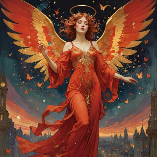The image depicts an angel with a red dress and gold wings standing on the left side of the frame against a dark blue sky filled with falling stars. The background features a cityscape with buildings and trees, suggesting that the scene is set in a city at night or during a stormy weather.