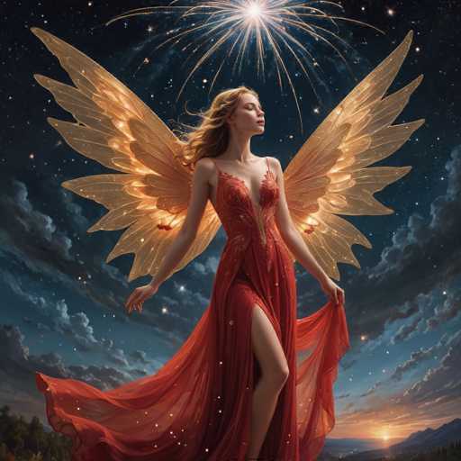 The image depicts a woman with long blonde hair and red wings standing against the backdrop of a starry night sky. She is wearing a vibrant red dress that contrasts beautifully with her surroundings. The sky above her is filled with stars, creating a sense of depth and vastness to the scene.